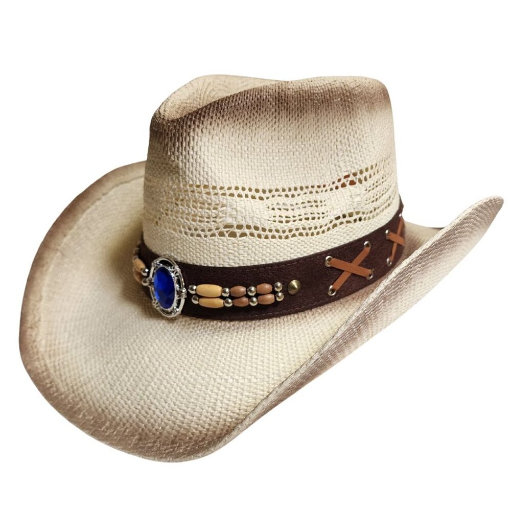 Straw cowboy hat blend and a striking blue gemstone